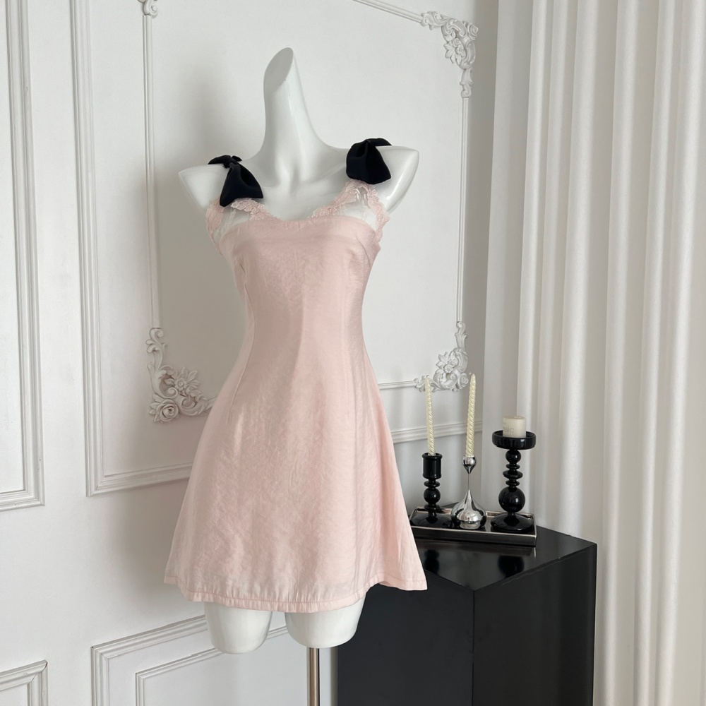 Bow short sweetheart sweet pinched waist sling dress