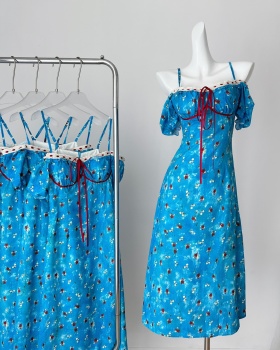 Long summer slim sweet floral pinched waist dress