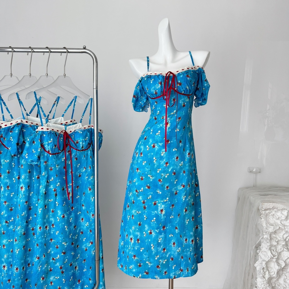 Long summer slim sweet floral pinched waist dress