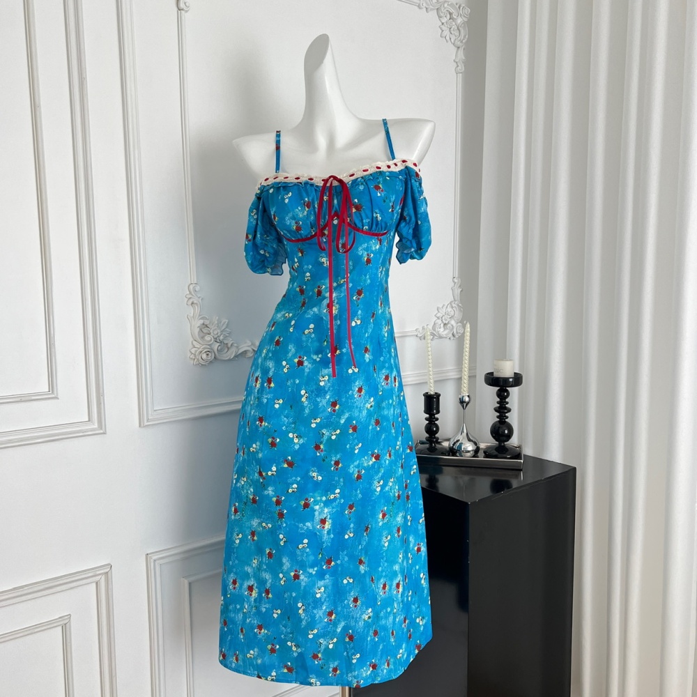 Long summer slim sweet floral pinched waist dress