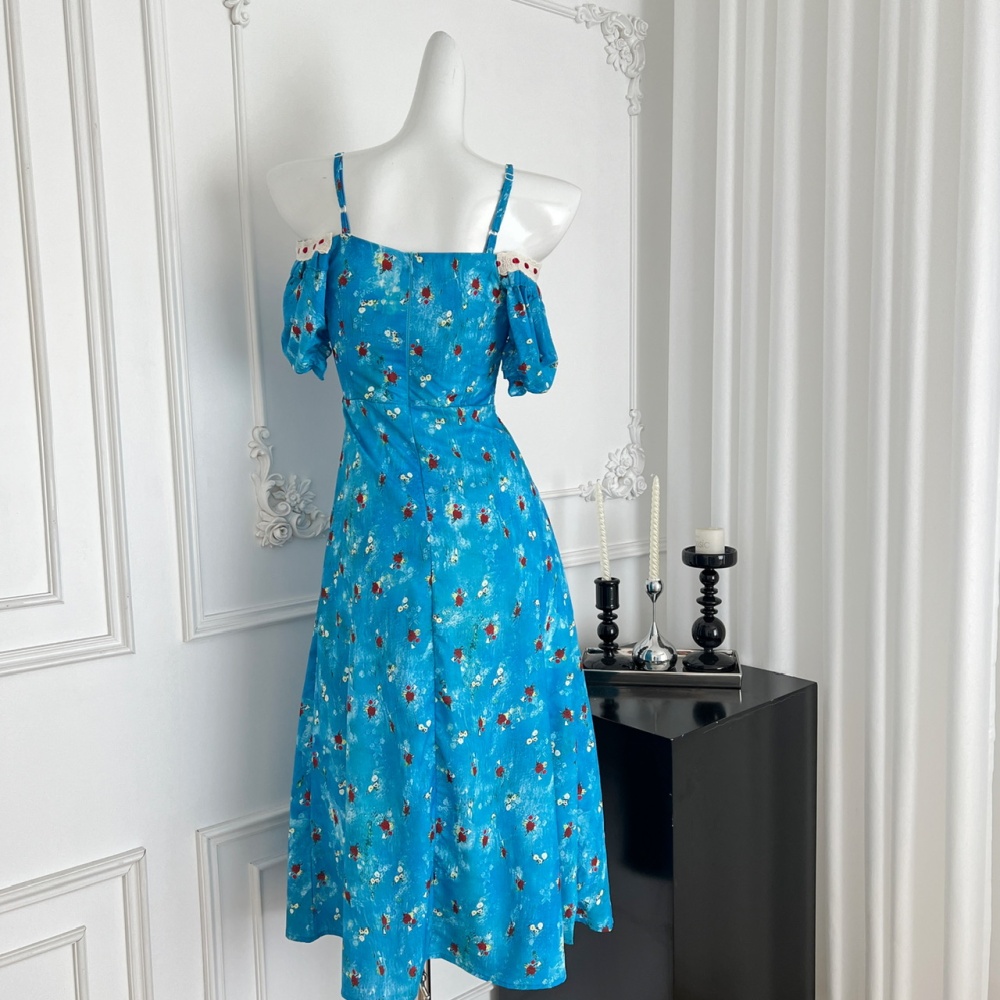 Long summer slim sweet floral pinched waist dress