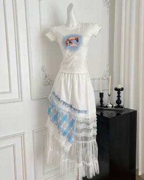 Mixed colors white skirt plaid long dress a set for women