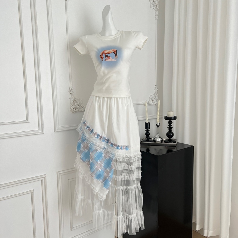 Mixed colors white skirt plaid long dress a set for women