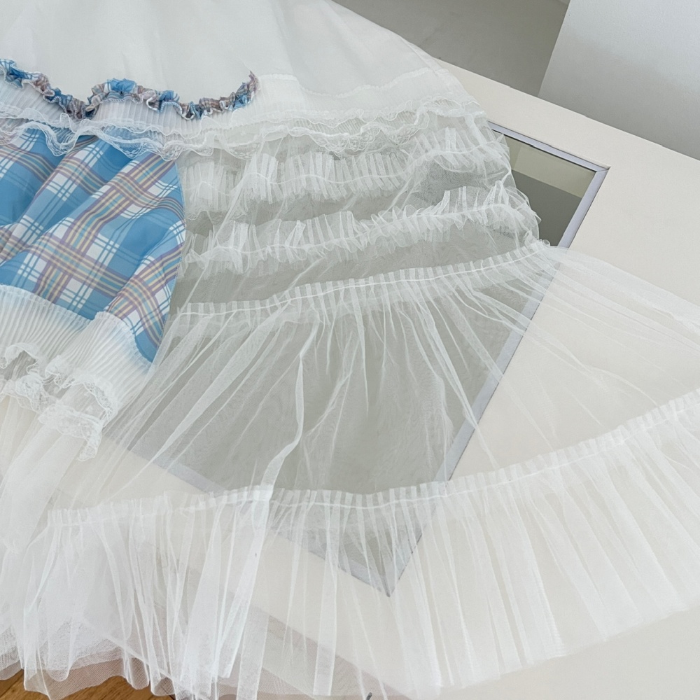 Mixed colors white skirt plaid long dress a set for women