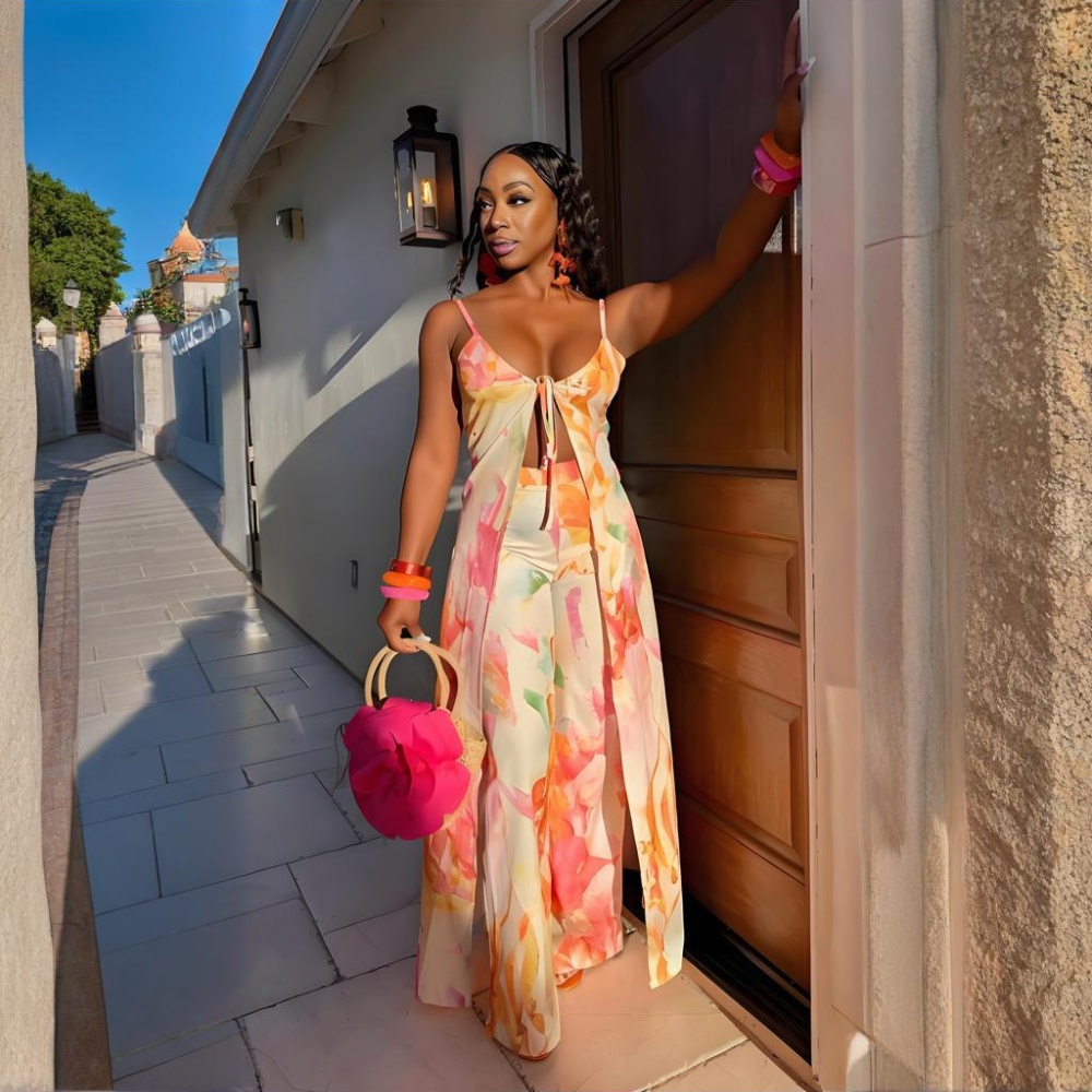 Sexy wide leg pants frenum tops 2pcs set for women