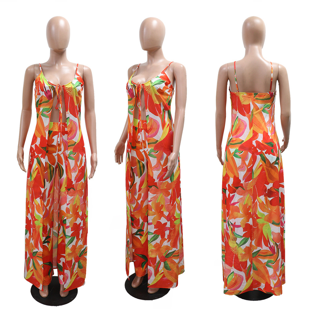 Sexy wide leg pants frenum tops 2pcs set for women