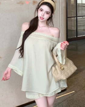 Flat shoulder summer tops lace shorts 2pcs set