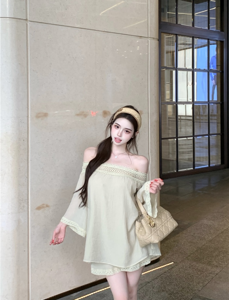 Flat shoulder summer tops lace shorts 2pcs set