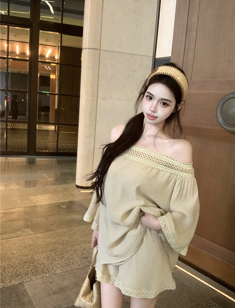 Flat shoulder summer tops lace shorts 2pcs set