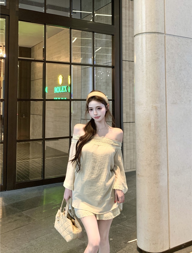Flat shoulder summer tops lace shorts 2pcs set