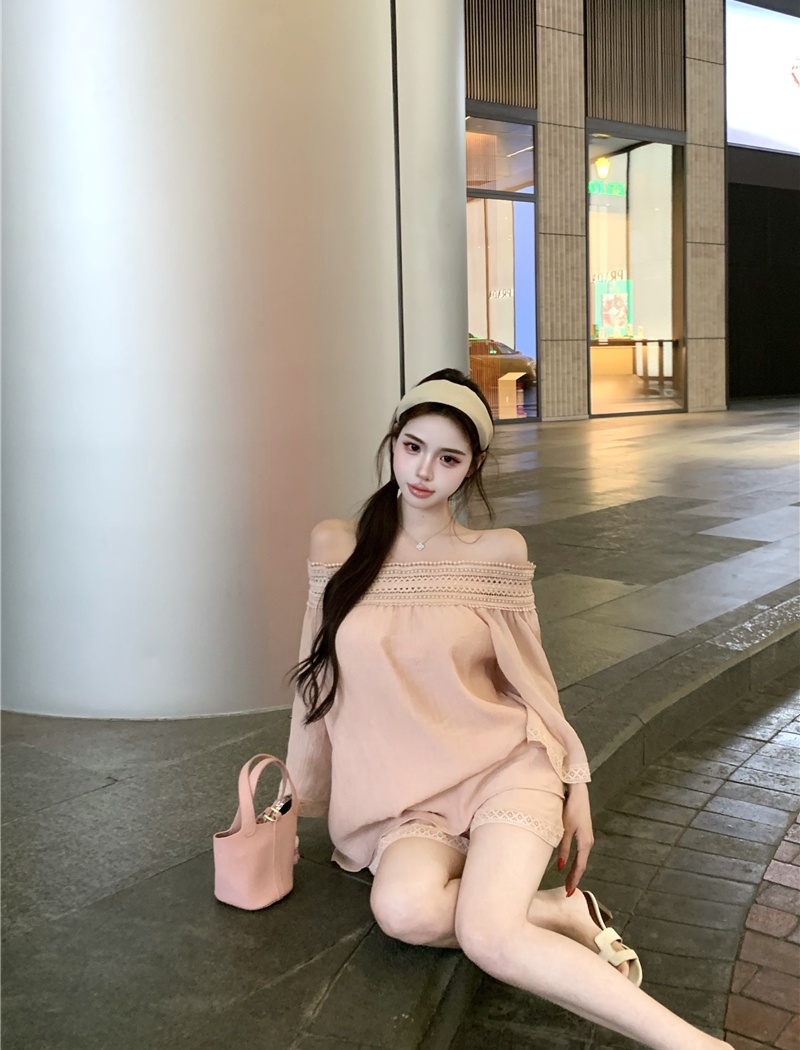 Flat shoulder summer tops lace shorts 2pcs set