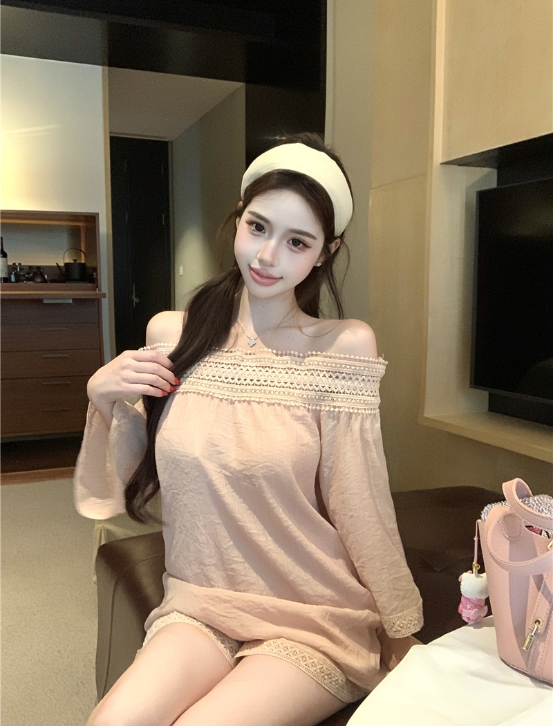 Flat shoulder summer tops lace shorts 2pcs set