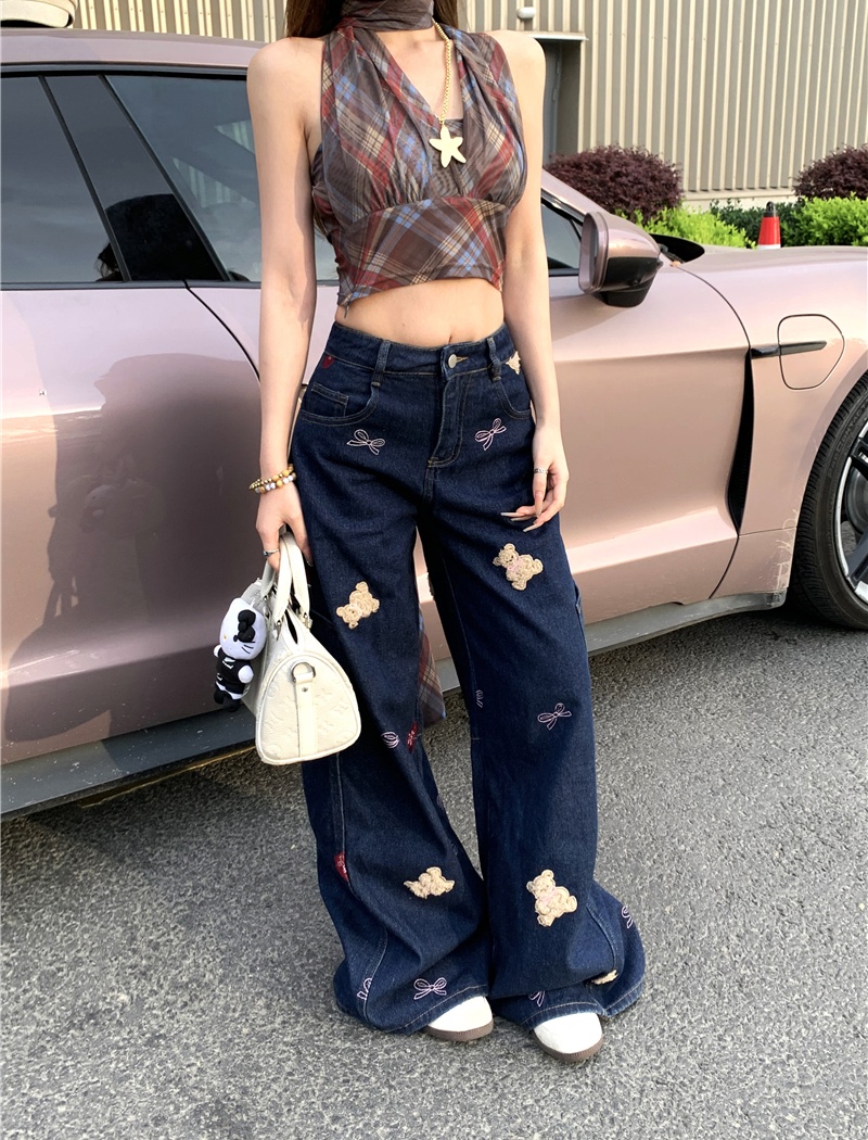 Street printing wide leg loose retro cubs jeans