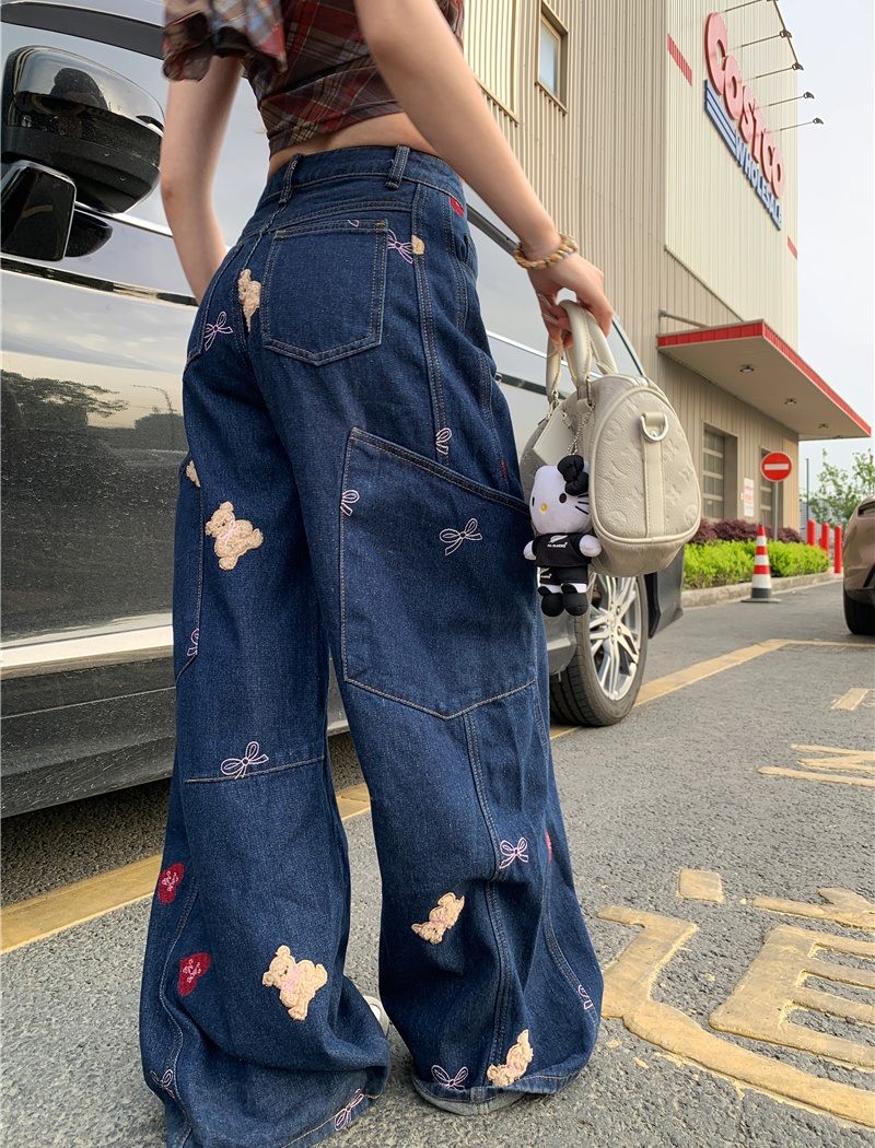 Street printing wide leg loose retro cubs jeans