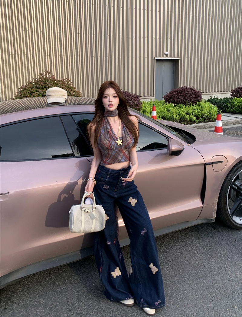 Street printing wide leg loose retro cubs jeans