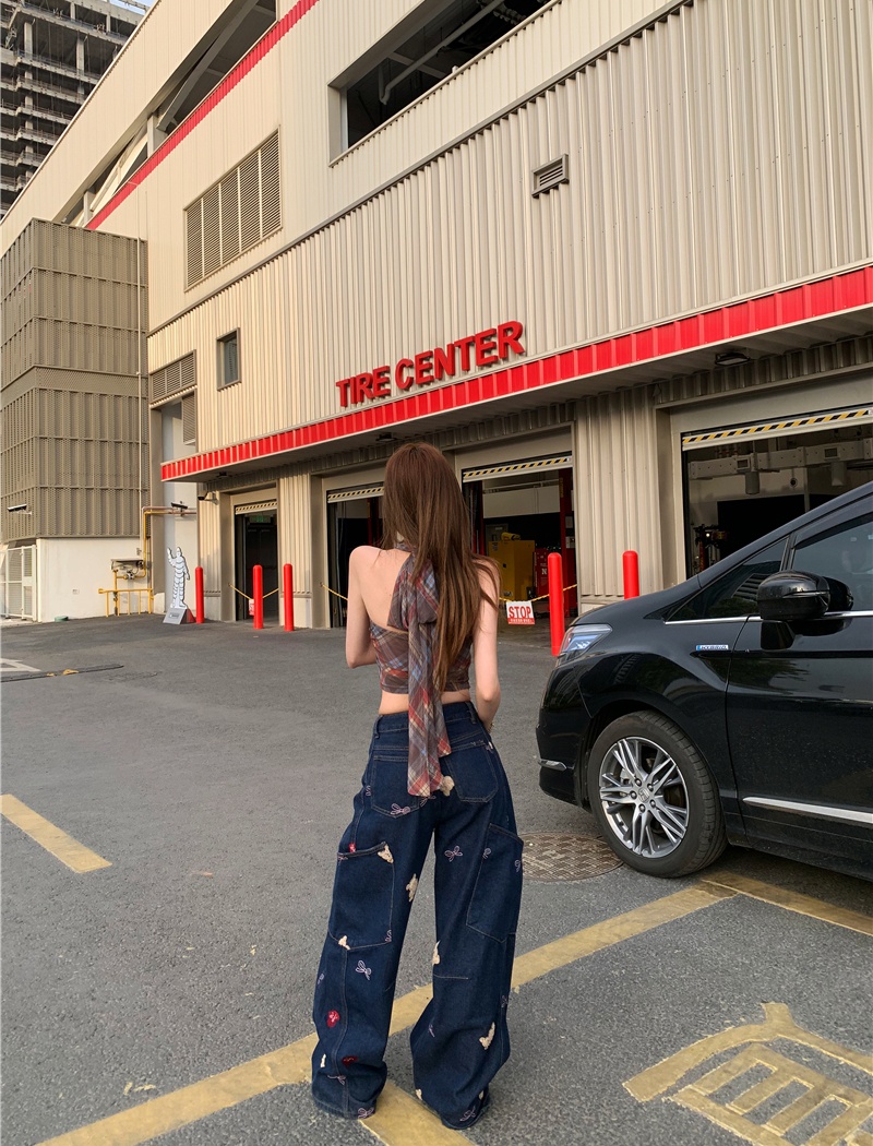 Street printing wide leg loose retro cubs jeans