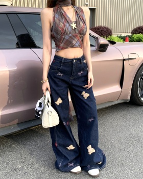 Retro street tops loose printing jeans a set for women