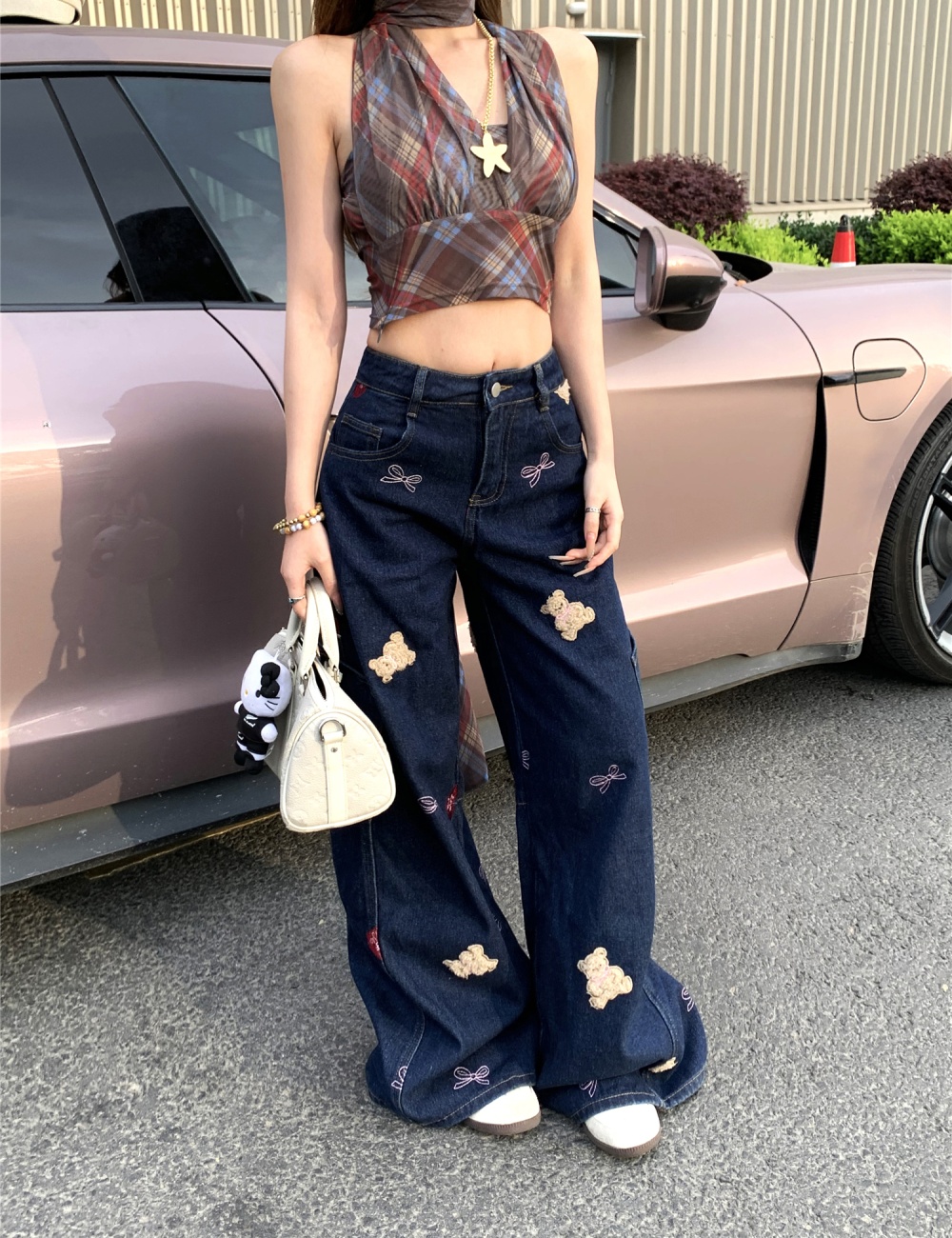 Retro street tops loose printing jeans a set for women