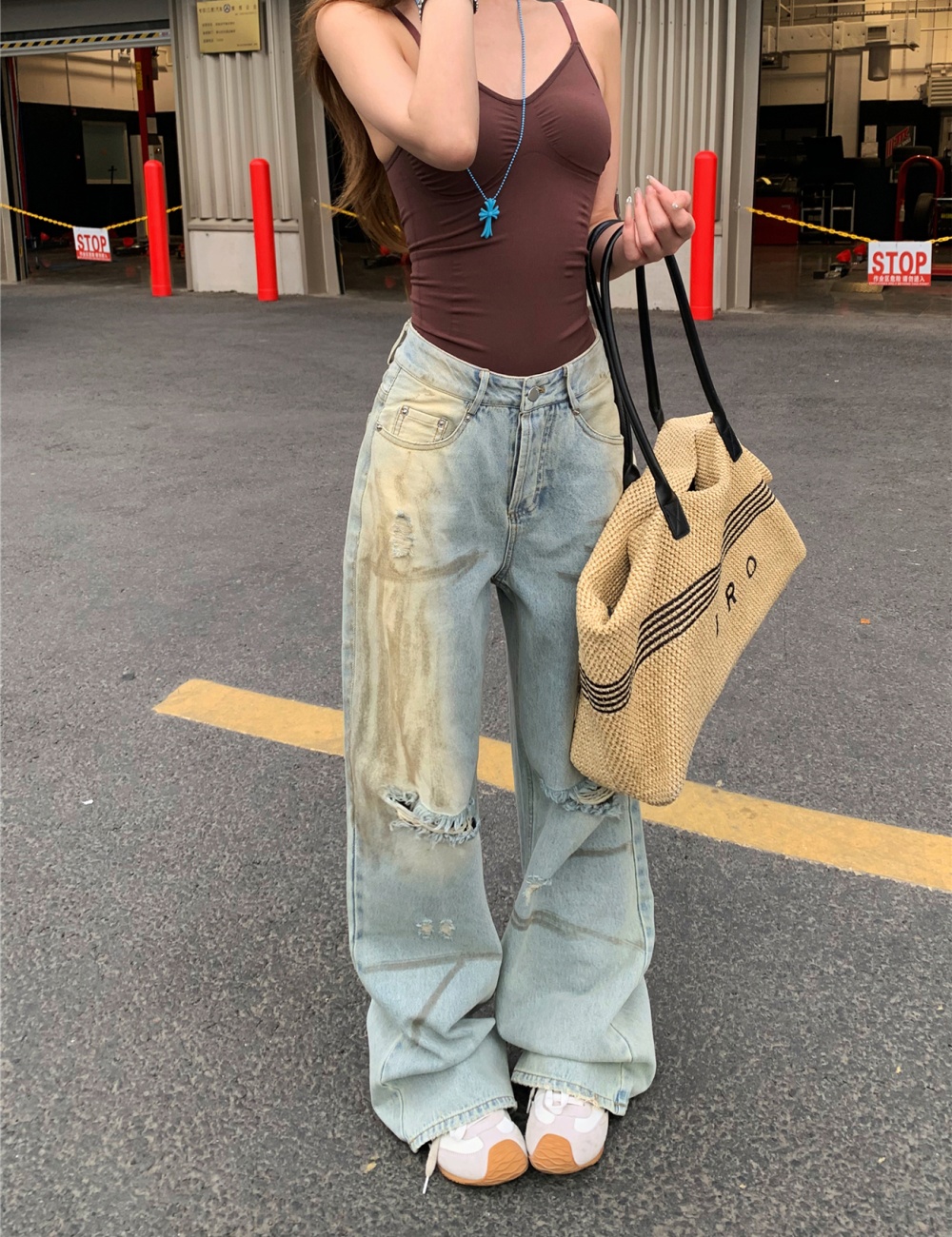 Street holes jeans spicegirl retro wide leg pants