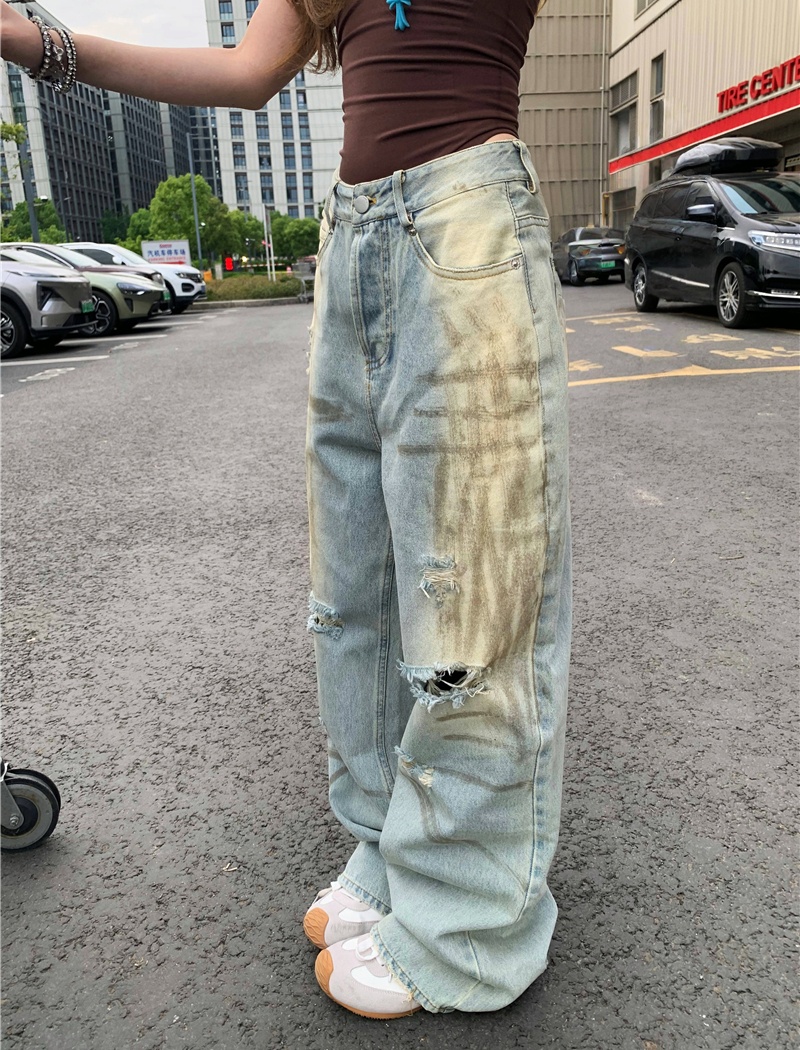 Street holes jeans spicegirl retro wide leg pants