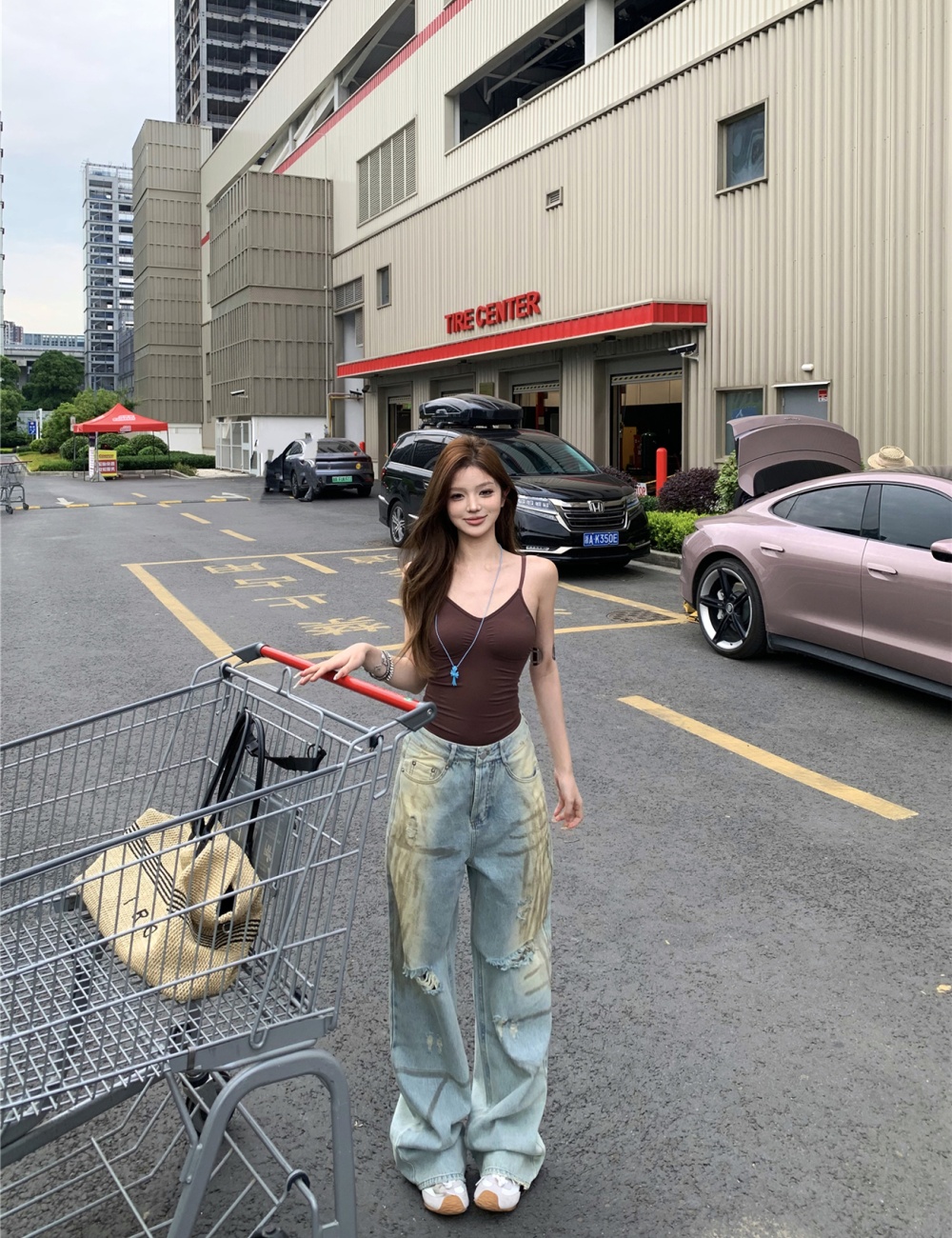 Street holes jeans spicegirl retro wide leg pants