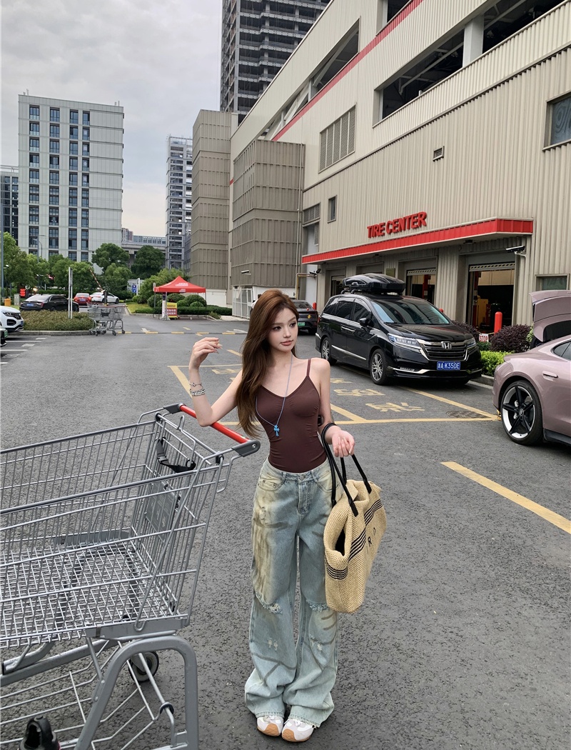 Spicegirl retro wide leg pants street holes halter tops a set