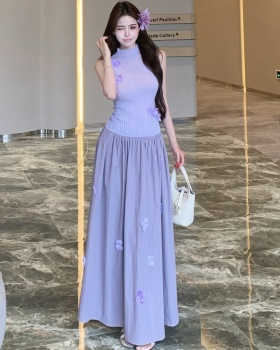 Purple flowers tops knitted skirt 2pcs set for women