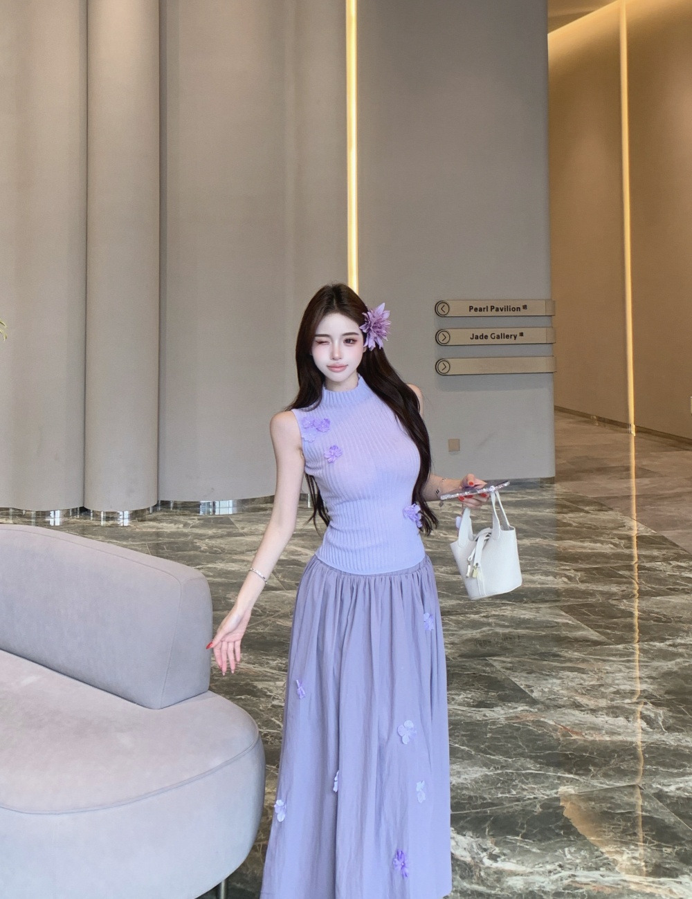 Purple flowers tops knitted skirt 2pcs set for women