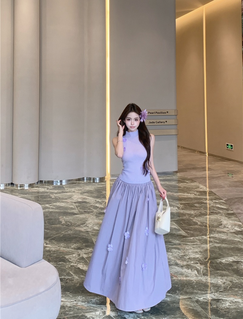 Purple flowers tops knitted skirt 2pcs set for women