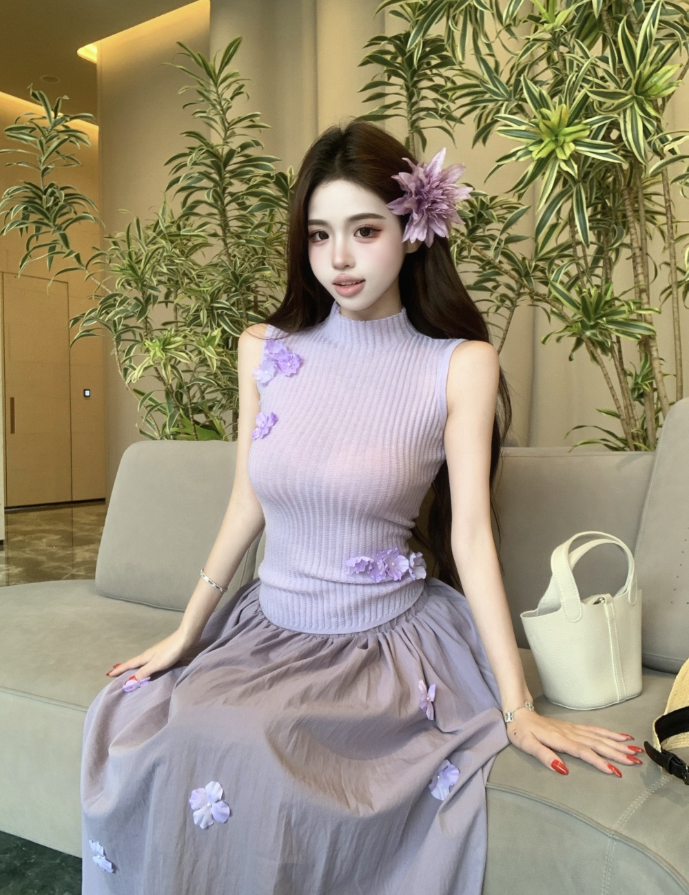 Purple flowers tops knitted skirt 2pcs set for women