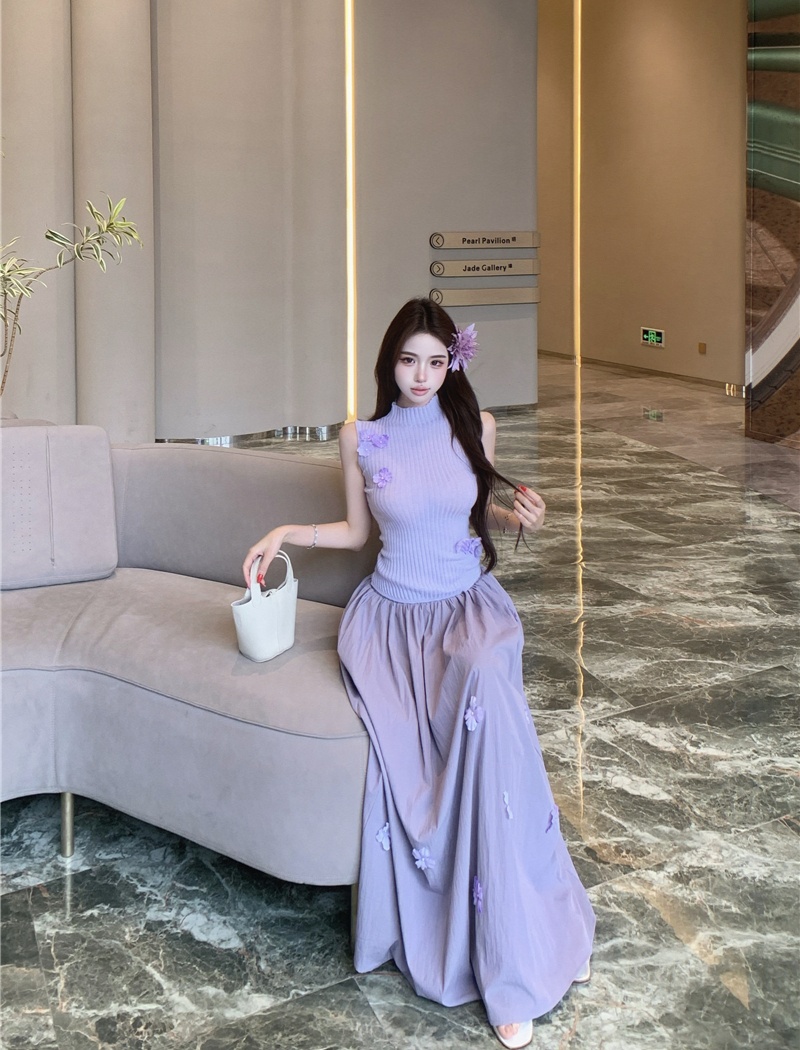 Purple flowers tops knitted skirt 2pcs set for women