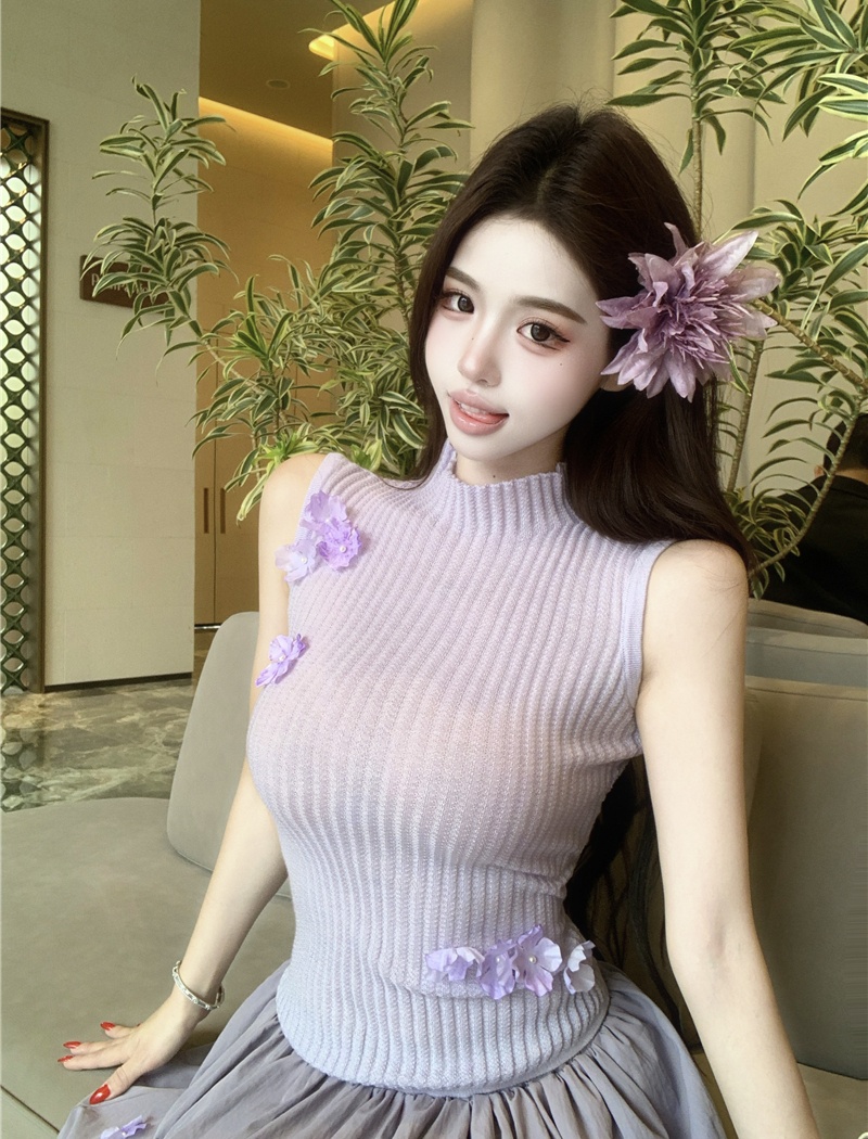 Purple flowers tops knitted skirt 2pcs set for women