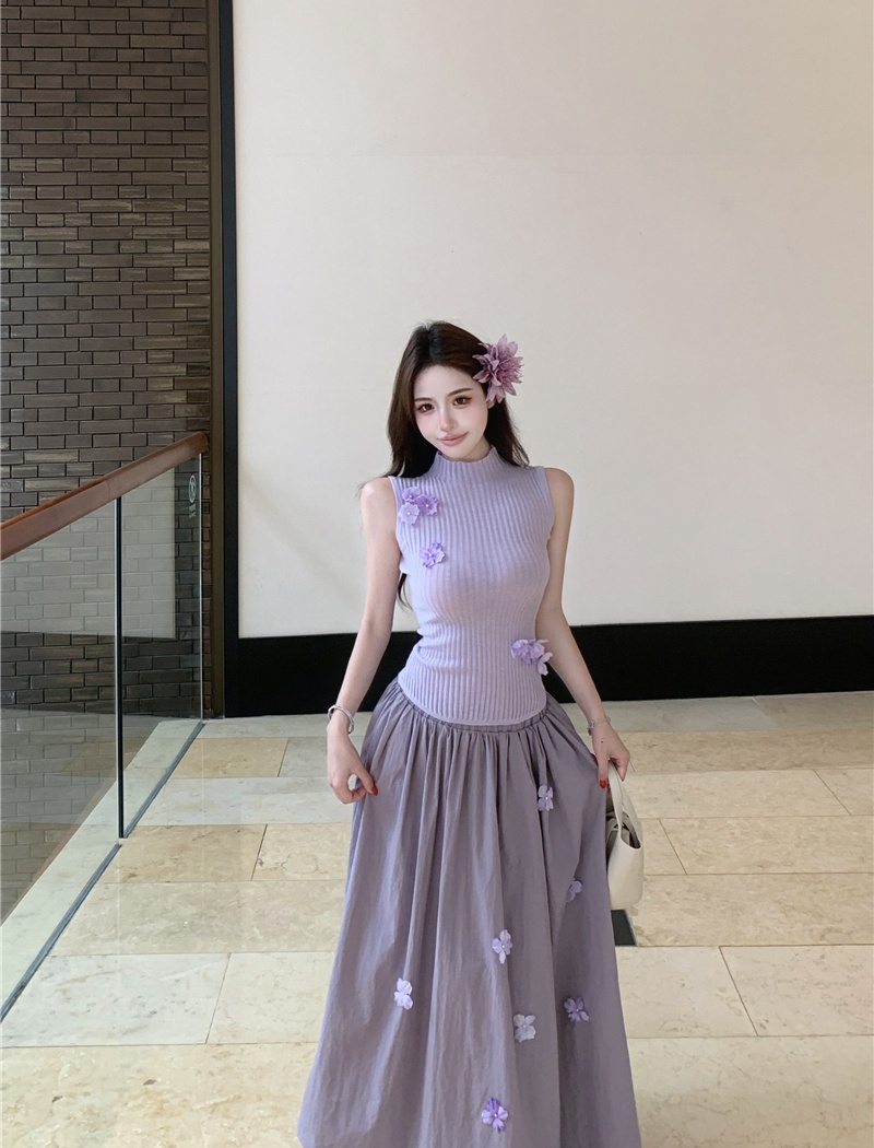 Purple flowers tops knitted skirt 2pcs set for women