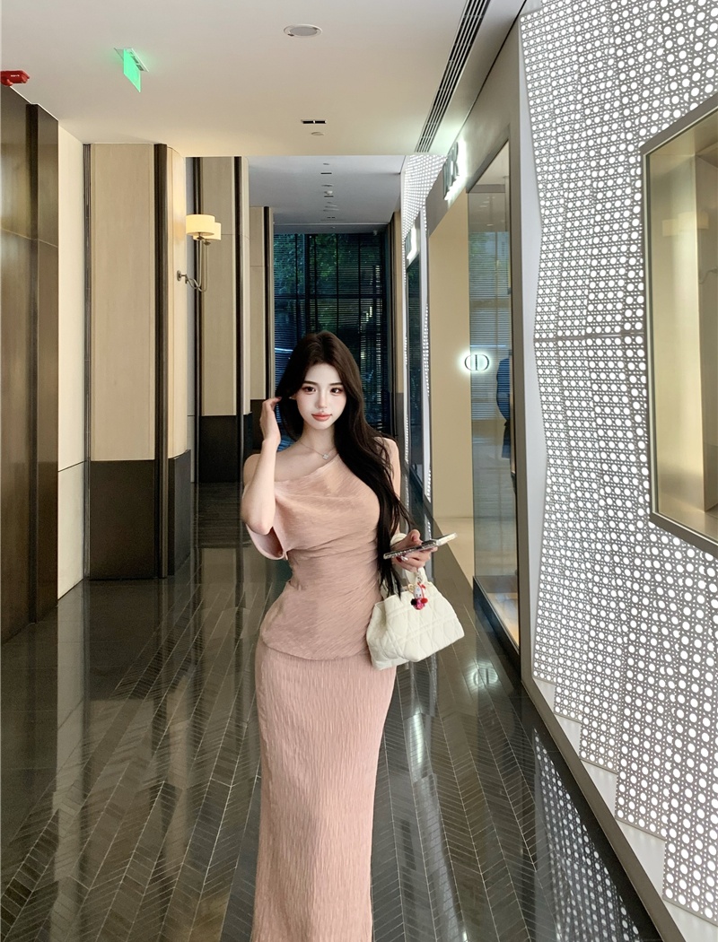 High waist slim straight skirt France style tender tops a set