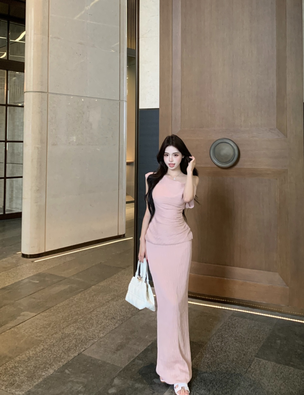 High waist slim straight skirt France style tender tops a set