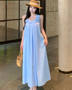 Sleeveless long loose dress flowers summer strap dress
