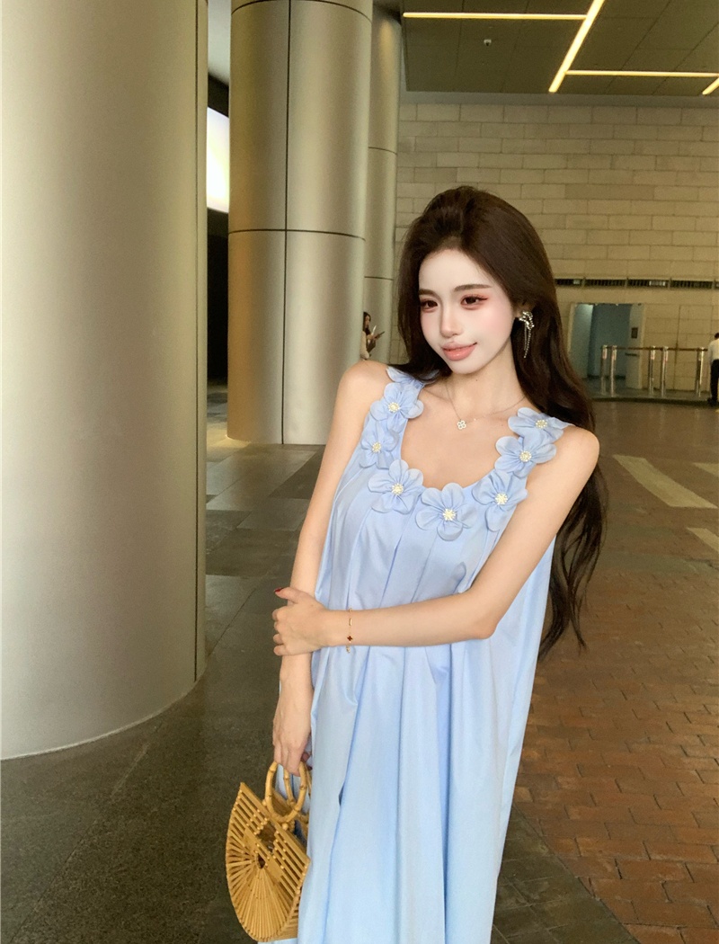 Sleeveless long loose dress flowers summer strap dress