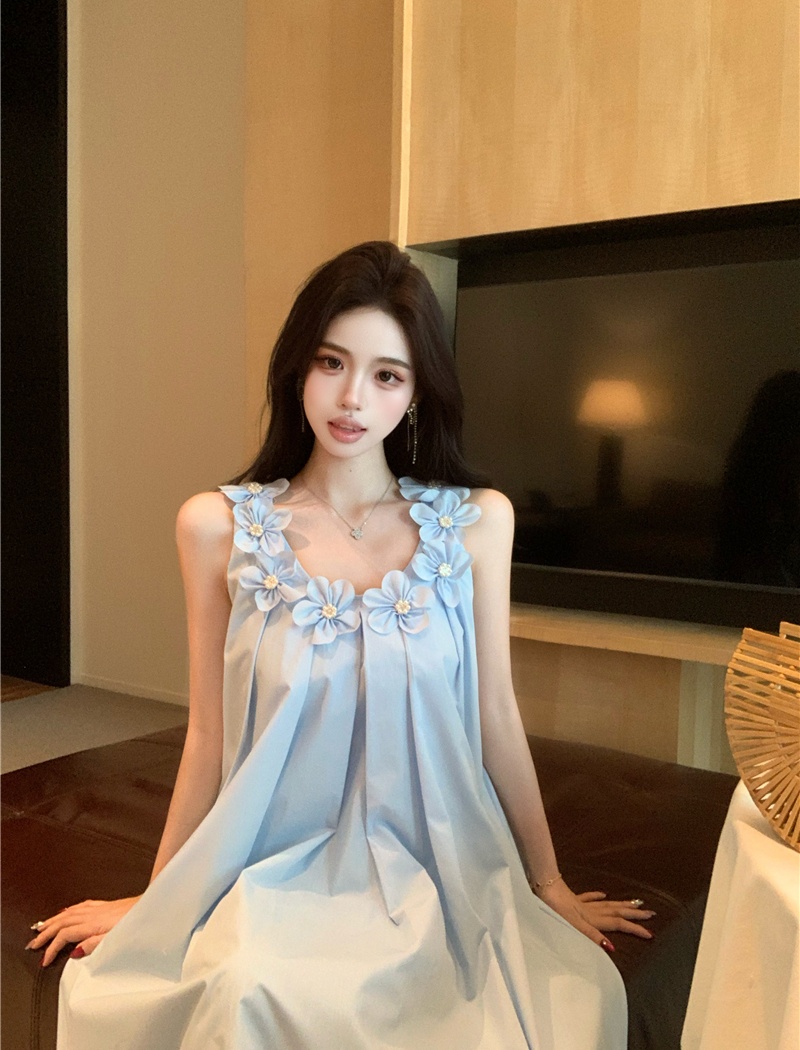 Sleeveless long loose dress flowers summer strap dress