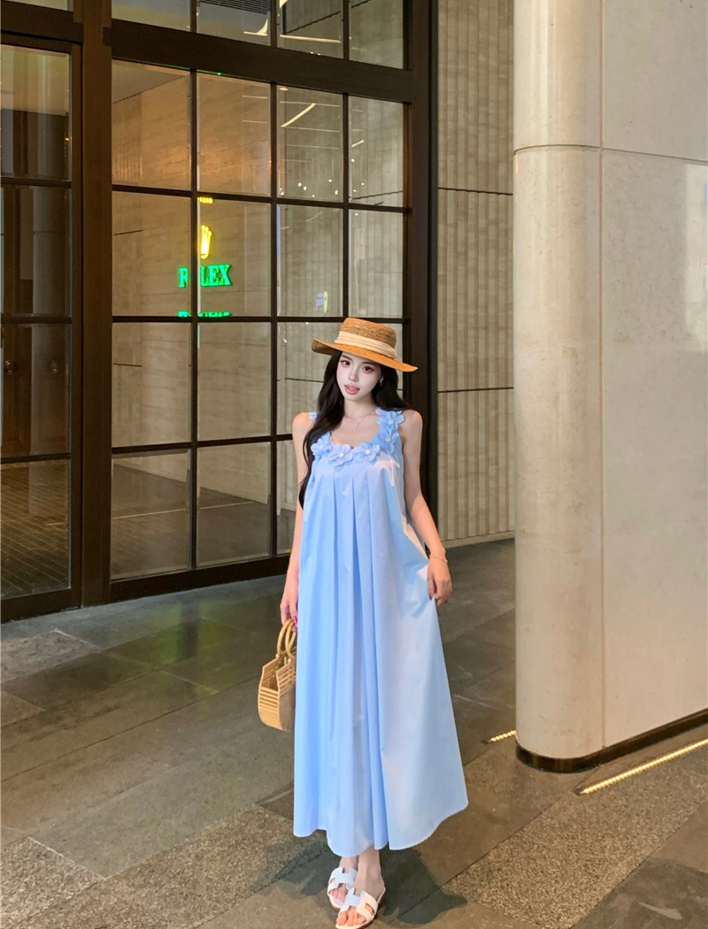Sleeveless long loose dress flowers summer strap dress