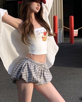 Wrapped chest plaid slim bubble pants 2pcs set for women