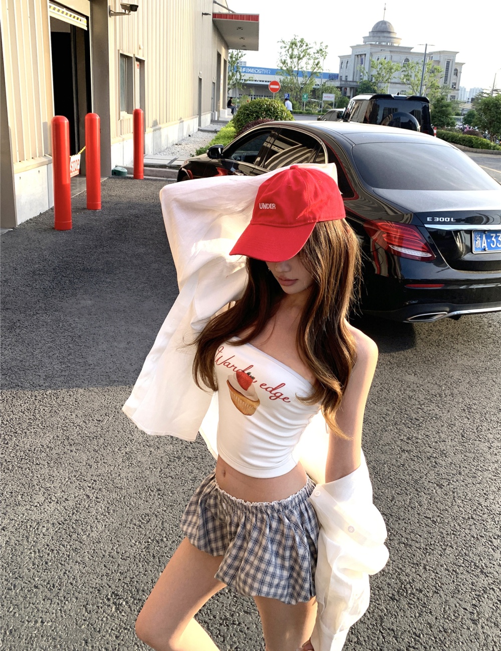 Wrapped chest plaid slim bubble pants 2pcs set for women