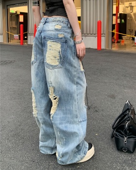 Wide leg retro loose holes washed jeans