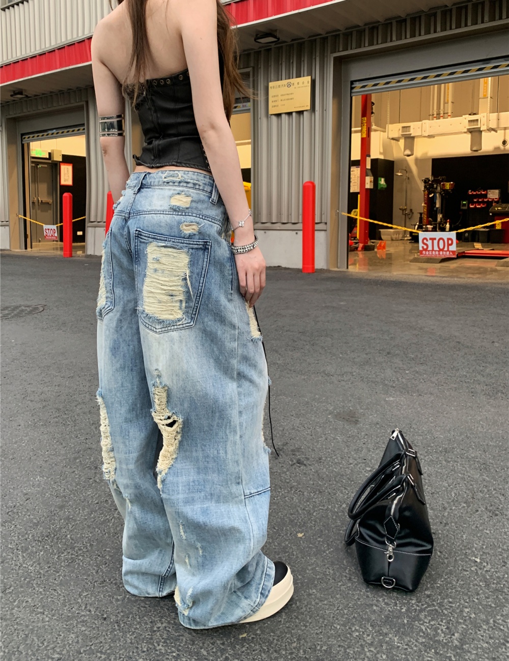 Wide leg retro loose holes washed jeans