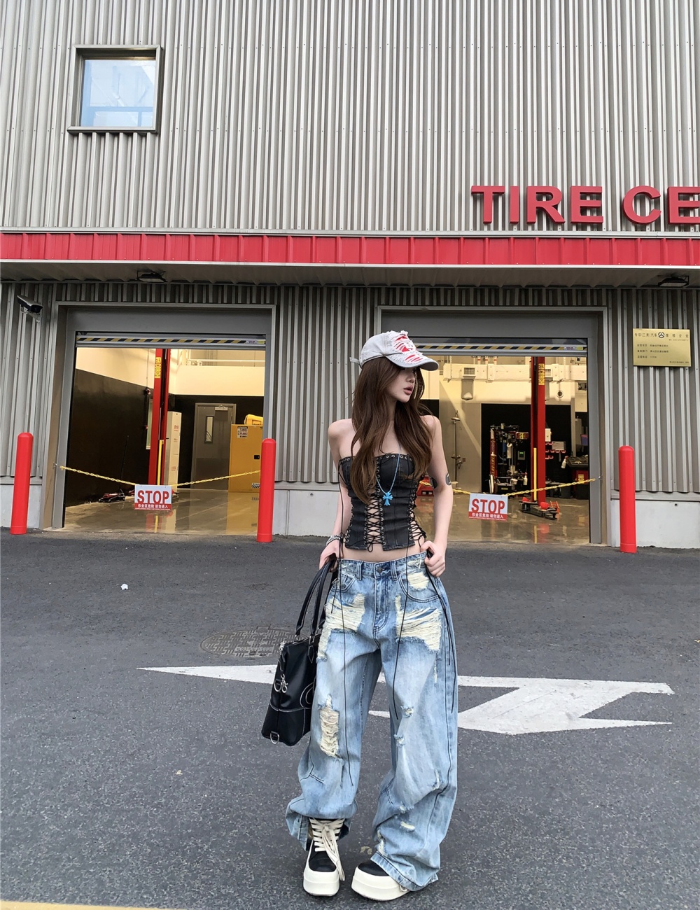 Wide leg retro loose holes washed jeans
