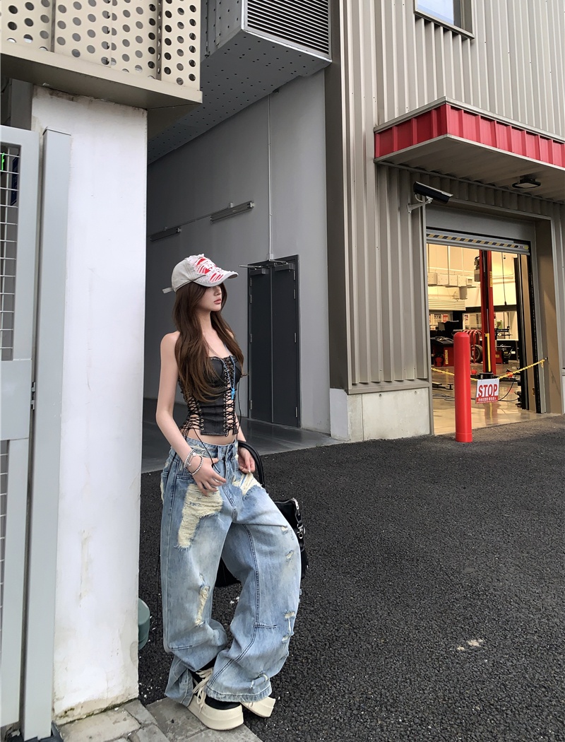 Wide leg retro loose holes washed jeans