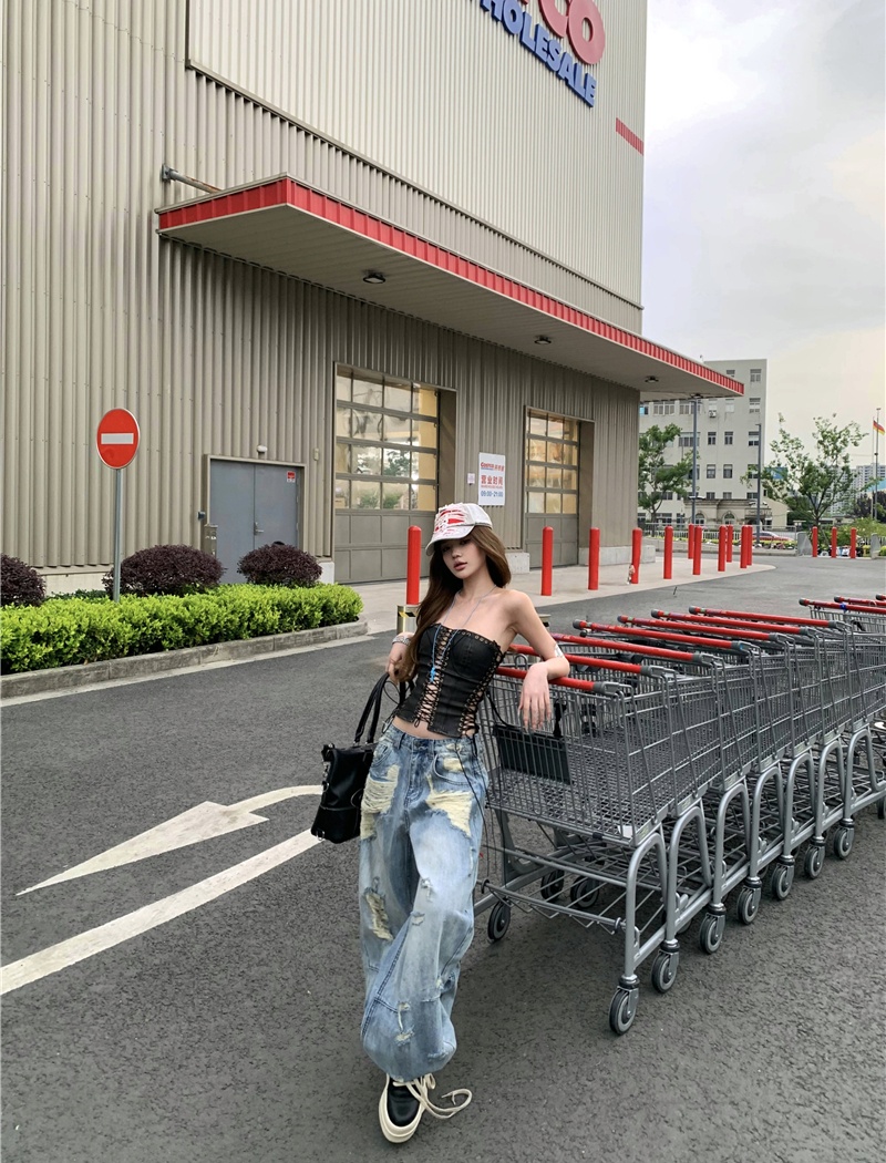 Wide leg retro loose holes washed jeans