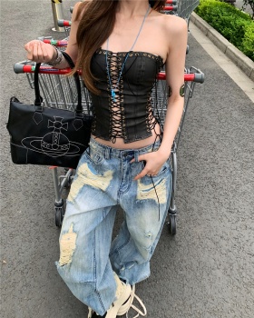 Sling hollow loose jeans PU wide leg tops a set