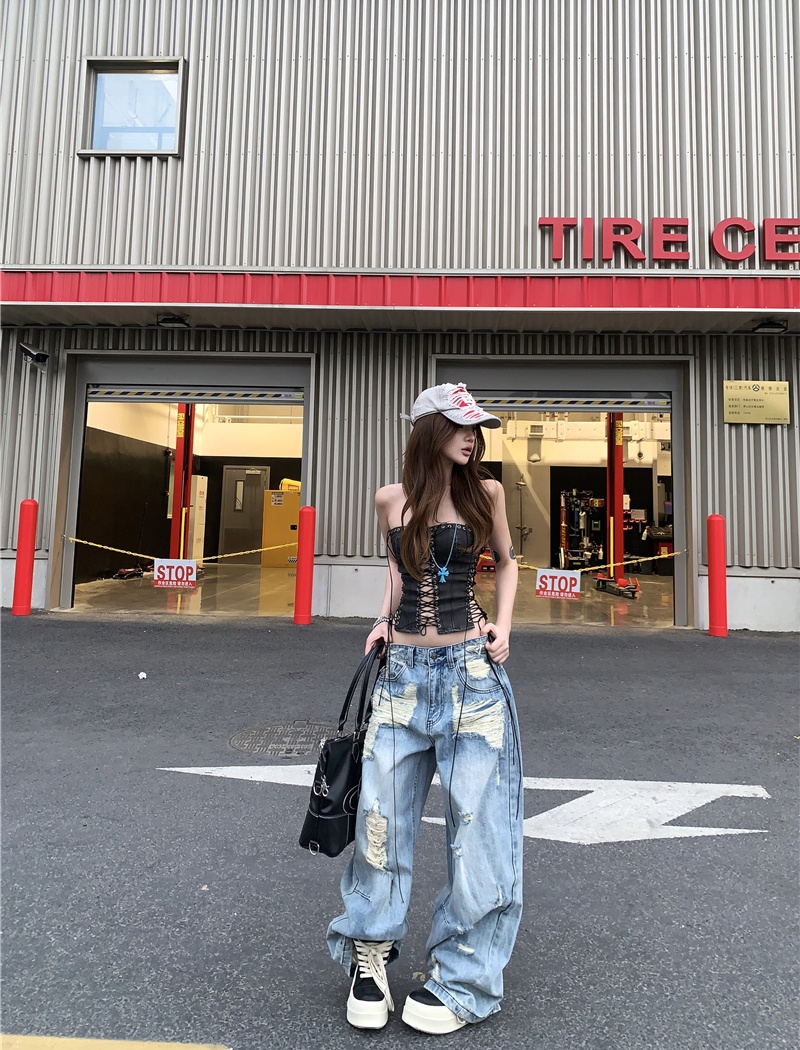 Sling hollow loose jeans PU wide leg tops a set