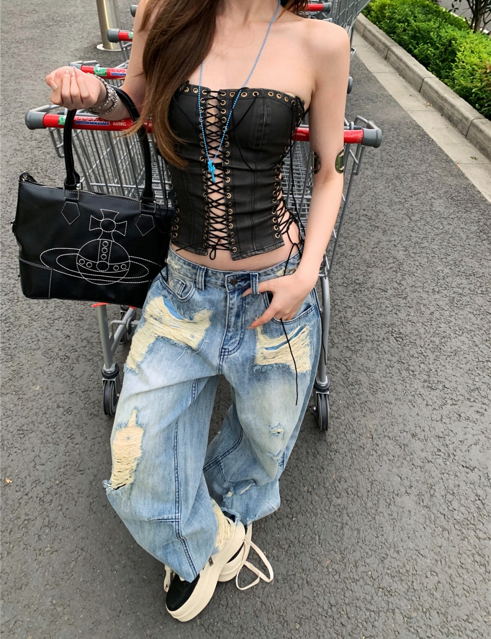Sling hollow loose jeans PU wide leg tops a set