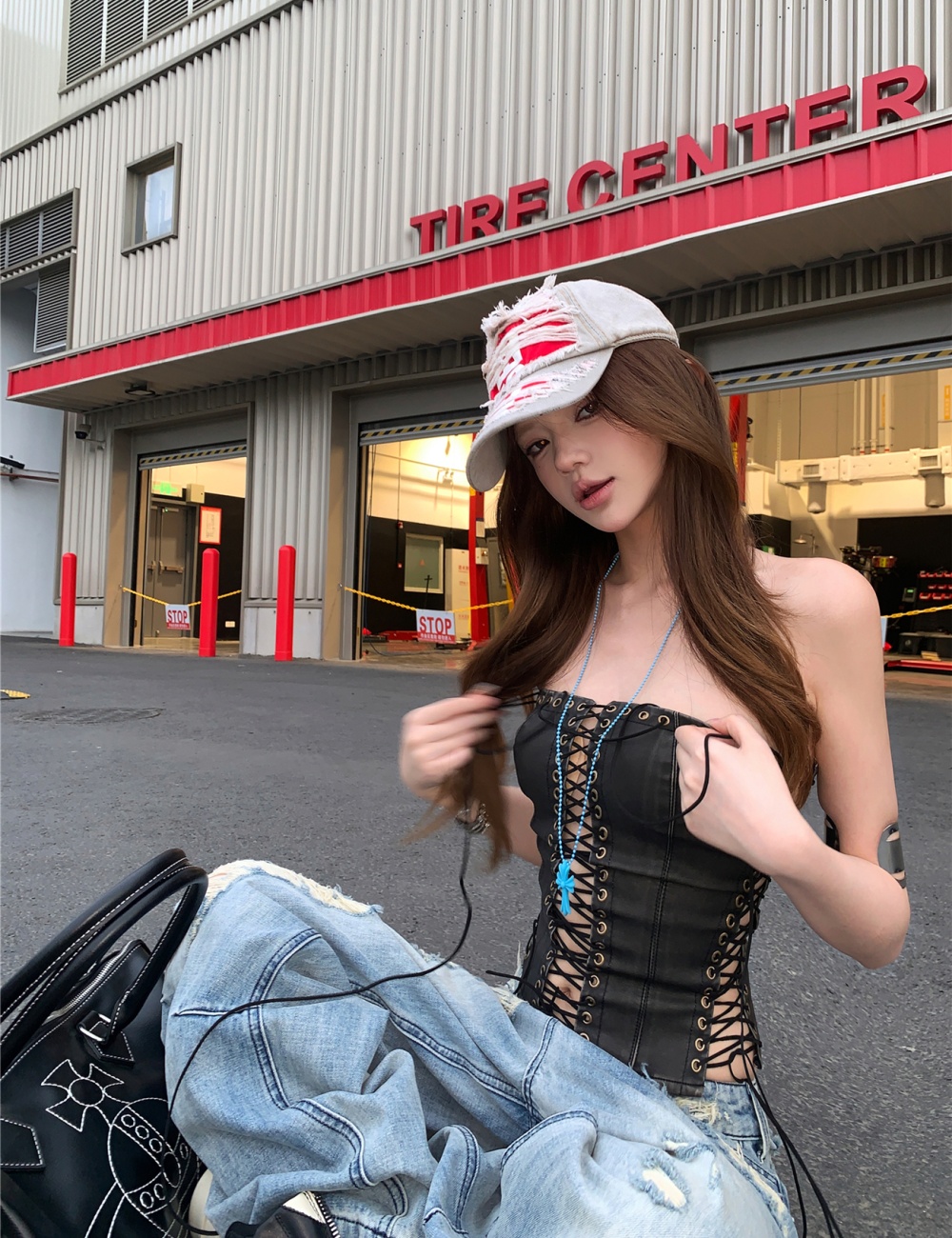 Sling hollow loose jeans PU wide leg tops a set